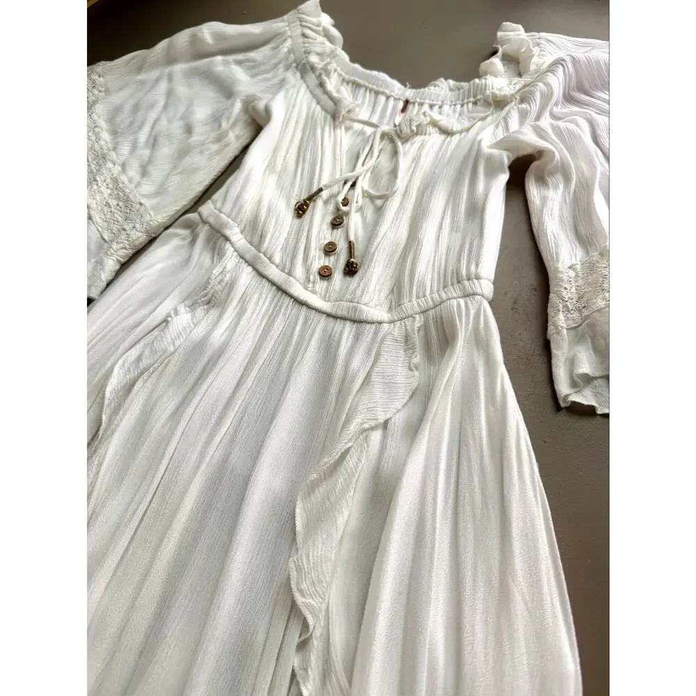 Free People Ivory Boho Maxi Dress XS Bell Sleeve Prairie Festival Cottagecore